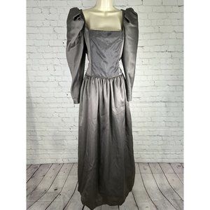 VTG 1970’s Victor Costa Gray Poof Sleeve Square Neck A Line Pleated Ball Gown 12